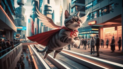 Naklejka premium A cat with wings flying over a city street, AI