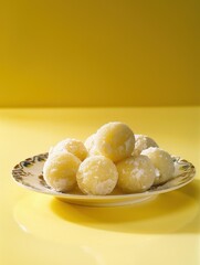 Delightful Plate of Huesos de Santo Marzipan Sweets on Yellow Background with Clear Light.