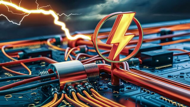 An electrical circuit connected to a grounding rod, with a lightning bolt symbol indicating safety., illustration, 3d render