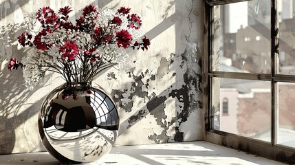   Red flowers in a vase on window sill, with building backdrop