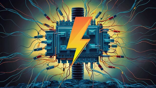 An electrical circuit connected to a grounding rod, with a lightning bolt symbol indicating safety., illustration, 3d render