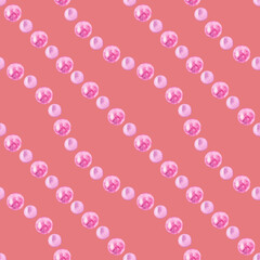 Seamless pattern of watercolor shiny pink pearls jewelry. Glamour, marine, tropical theme. Painted elements on coral background. Hand drawn illustration. Summer. For fabric, wrapping paper, wallpaper
