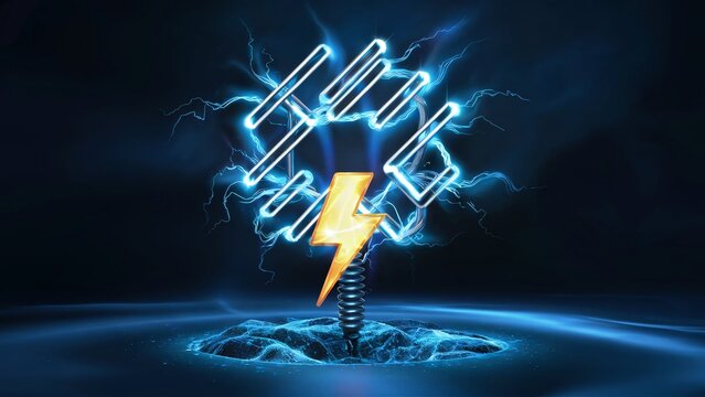 An electrical circuit connected to a grounding rod, with a lightning bolt symbol indicating safety., illustration, 3d render