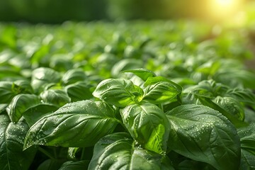 Obraz premium Lush Green Basil Plants in Morning Sunlight - Organic Herb Garden Scene for Nature Lovers