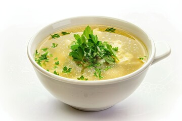 Savory Egg Drop Soup with Italian Herbs on Clean White Background under Soft Light - Culinary Delight Concept