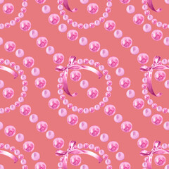 Seamless pattern of watercolor shiny pink pearls jewelry, frame gift bow. Glamour, marine, tropical theme. Painted elements on coral background. Hand drawn illustration. Summer. For fabric, wrapping