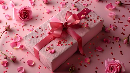 valentine s day pink gift box,red ribbon bow roses buds confetti on pastel pink background flat lay top view.photo