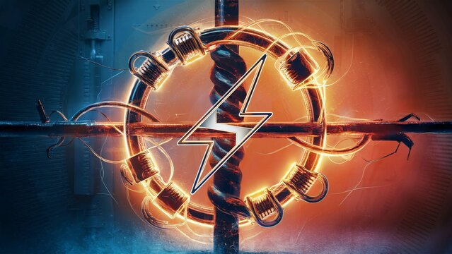 An electrical circuit connected to a grounding rod, with a lightning bolt symbol indicating safety., illustration, 3d render
