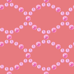 Seamless pattern of watercolor shiny pink pearls jewelry. Hand drawn illustration. Glamour, marine, tropical theme. Hand painted elements on coral background. For fabric, wrapping, wallpaper, decor