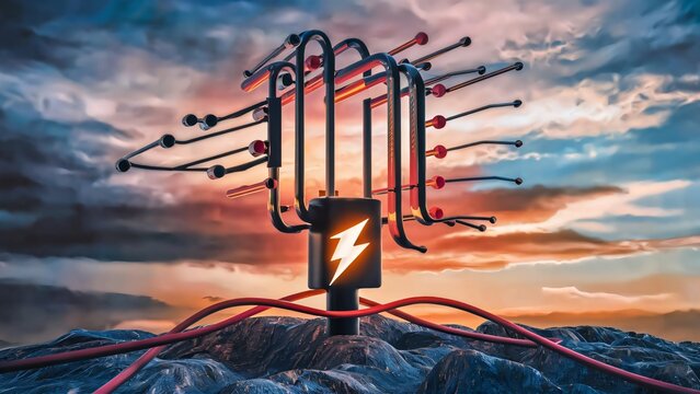 An electrical circuit connected to a grounding rod, with a lightning bolt symbol indicating safety., illustration, 3d render