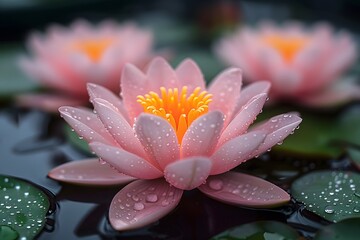 Serenity of Pink Water lilies with Dewdrops in a Tranquil Pond