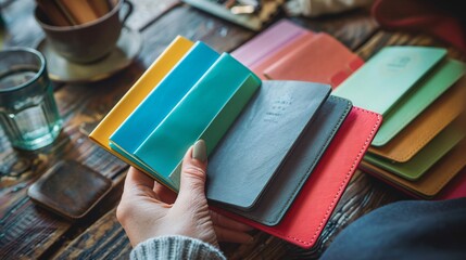Close up shot of the person's hands organizing a minimalist passport holder with bright document tabs