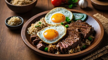 bistek silog breakfast dish of bistek tagalog beef st Filipino dish served aesthetically in wooden plate and table