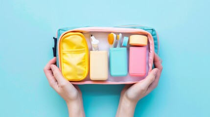 Close up shot of the person's hands organizing bright, travel-sized toiletries in a minimalist bag