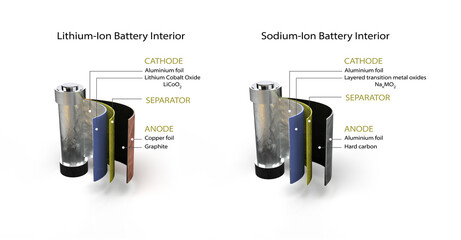 Inside A Lithium-Ion Battery and sodium-ion Battery. 3D render 