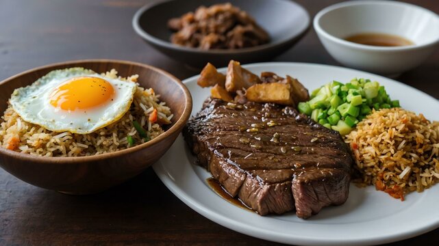 bistek silog breakfast dish of bistek tagalog beef st Filipino dish served aesthetically in wooden plate and table