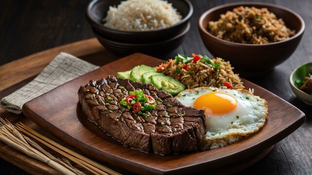 bistek silog breakfast dish of bistek tagalog beef st Filipino dish served aesthetically in wooden plate and table