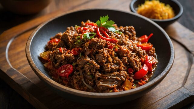 bopis spicy dish made from minced pork lungs and hear Filipino dish served aesthetically in wooden plate and table