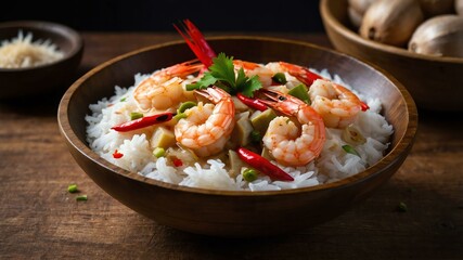 ginataang hipon shrimp cooked in coconut milk with ga Filipino dish served aesthetically in wooden plate and table