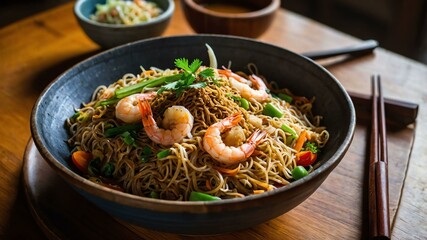 pancit habhab noodles from lucban quezon stirfried wi Filipino dish served aesthetically in wooden plate and table