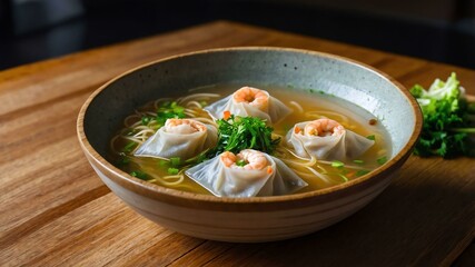 Obraz premium pancit molo dumpling soup with pork shrimp and molo w Filipino dish served aesthetically in wooden plate and table