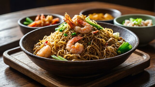 pansit tuguegarao tuguegarao specialty pancit made wi Filipino dish served aesthetically in wooden plate and table