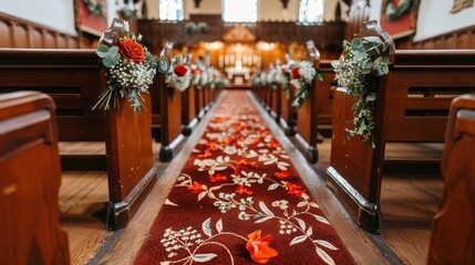 Beautifully decorated church aisle with red carpet and flower petals, perfect setting for a wedding ceremony.