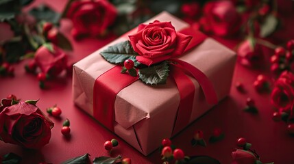 pink gift boxes,red bows,roses buds on red background top view.photo