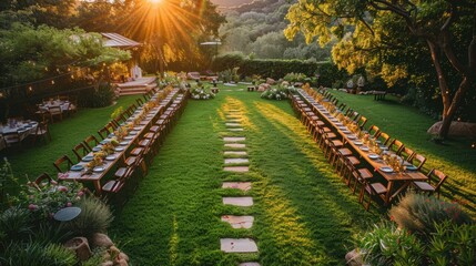 Beautiful outdoor garden wedding setup with long tables, glowing sunset, and natural greenery and flowers creating a romantic ambiance.