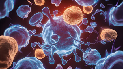 Tumor microenvironment concept with cancer cells, T-Cells, nanoparticles, cancer associated fibroblast layer of tumor microenvironment normal cells, molecules, and blood vessels 3d rendering