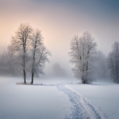 Obraz premium Winter Landscape with Snow-Covered Trees Fading into a Foggy Sky Serene View Winter's Embrace 
