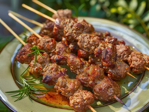 Exquisite Pinchos Morunos: Moorish Skewers on Plate with Spices under Bright Light against Green Background