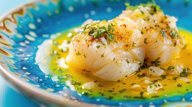Delicious Bacalao al Pil Pil Dish on Blue Background with Clear Lighting