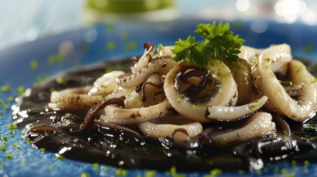 Exquisite Calamares en su Tinta Dish on Blue Background with Clear Lighting