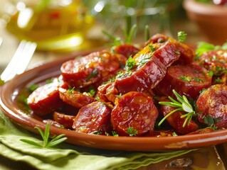 A Plate of Flavorful Chorizo a la Sidra in Clear Light on Green Background