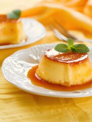 Exquisite Flan de Huevo Dessert Presentation on Yellow Background with Clear Light - Spanish Egg Custard Photograph