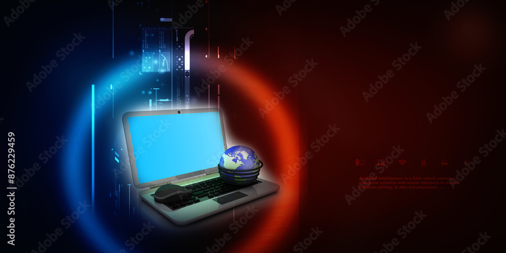 Poster 3d rendering globe with mouse in laptop