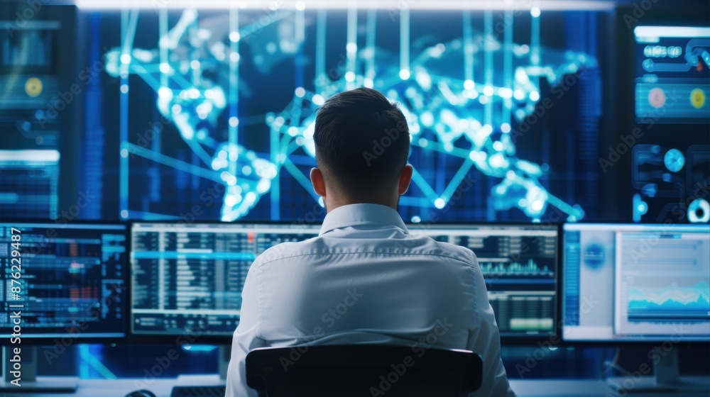 Poster cybersecurity expert analyzing complex data on multiple monitors, cybersecurity experts, cyber foren