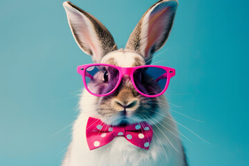 funny easter concept holiday animal celebration greeting card cool easter bunny rabbit with pink sunglasses and bow tie isolated on blue background