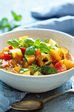Savory Menestra de Verduras (Vegetable Stew) in a Bowl with Soft Pastel Background, Illuminated with Clear Light