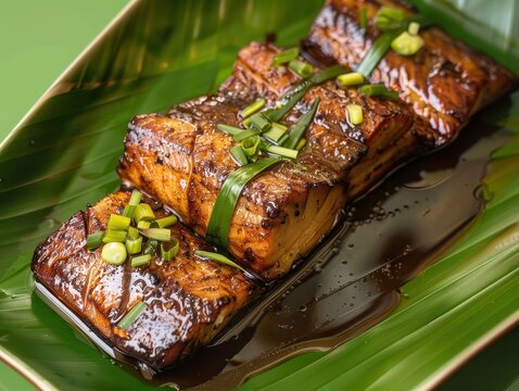 Authentic Spanish Cuisine - Cazon en Adobo (Marinated Dogfish) on Green Background with Clear Light