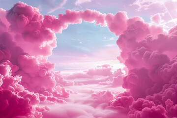 Fototapeta premium 3D Render Pink Clouds Background with Dreamy Pastel Archway in a Fantasy Landscape