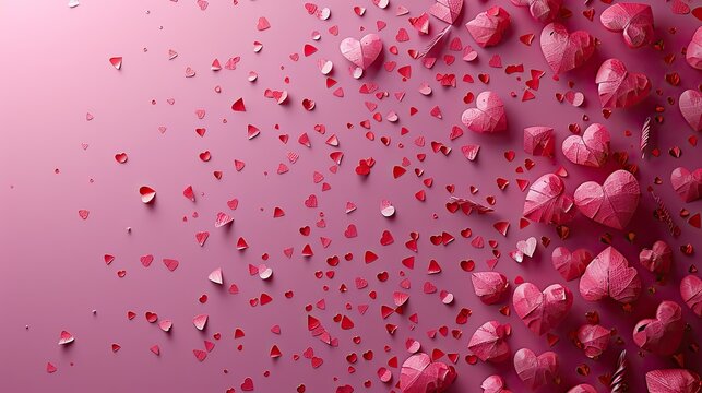 red paper cut hearts,confetti on pink background happy valentines day concept vertical banner design.illustration