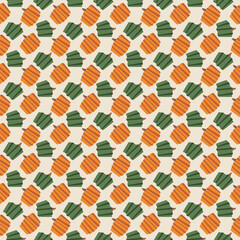 Floral ornament with orange and green pumpkins on a light background. Seamless pattern with striped vegetables. Farming and agriculture. Angular shapes. Vector