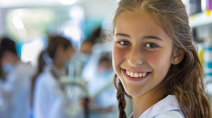 Obraz premium Portrait of a smiling young girl in a science lab