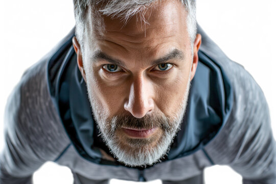 Intense Senior Man in Gray Hoodie Ready to Run - Powered by Adobe