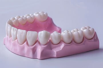 Obraz premium Close-up of a pink dental model of human teeth and gums on a white background