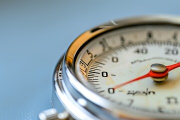 Close-up of a vintage mechanical gauge with a red needle