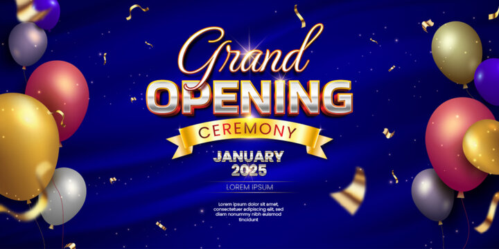 Luxury grand opening ceremony banner with blue silk, golden confetti and ribbon, shiny balloon glitters