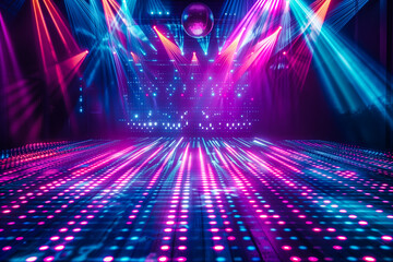 Vibrant Nightclub Dance Floor with Neon Lights and Laser Beams